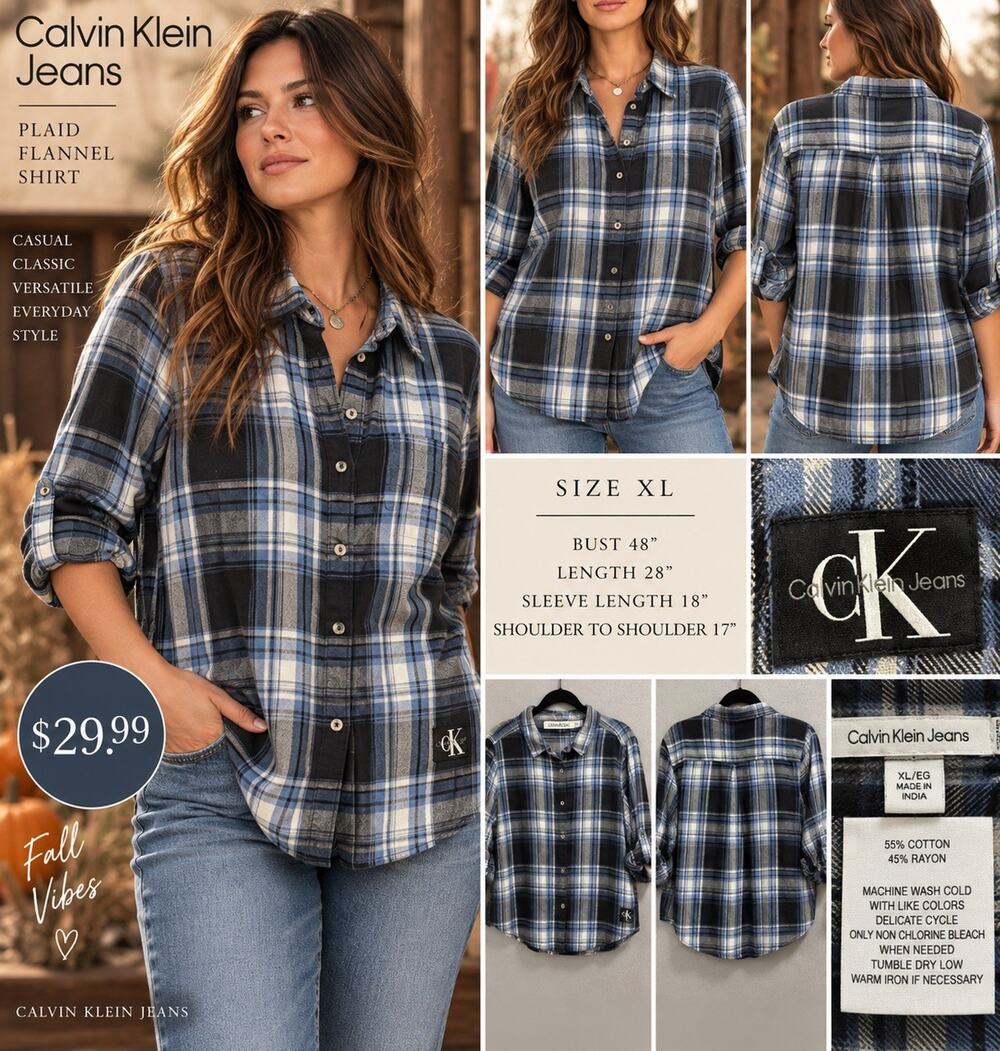 Calvin Klein Jeans Women XL Plaid Flannel Shirt Blue Black Roll Tab Sleeve EUC
